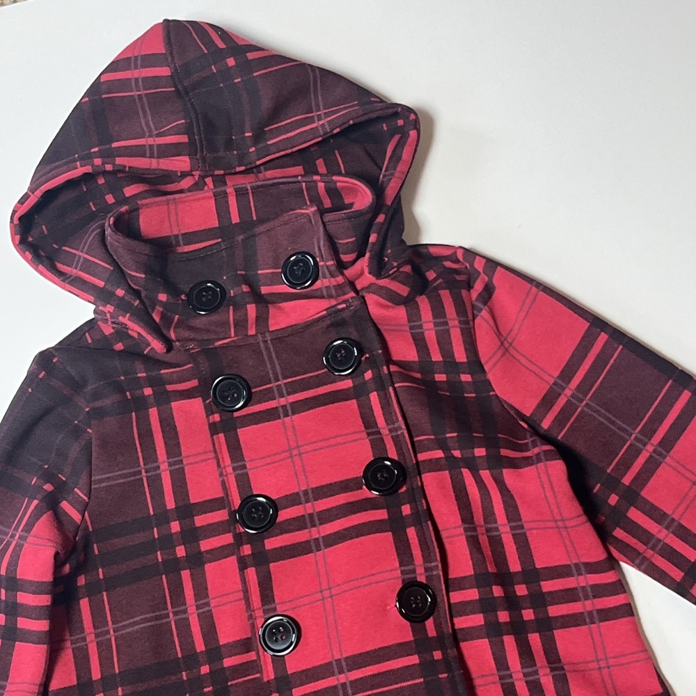 Glimmer by JJ Basics Plaid‎ Jacket Sz L Red Black Button Up Mock Neck Light Coat